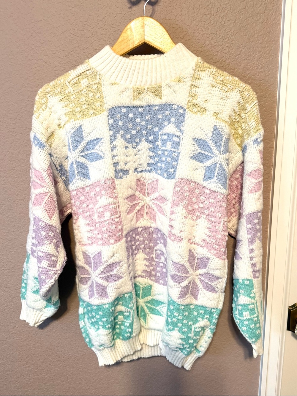 Vintage Spunky Winter Theme Pastel Patchwork Snowflake Sweater - Women's